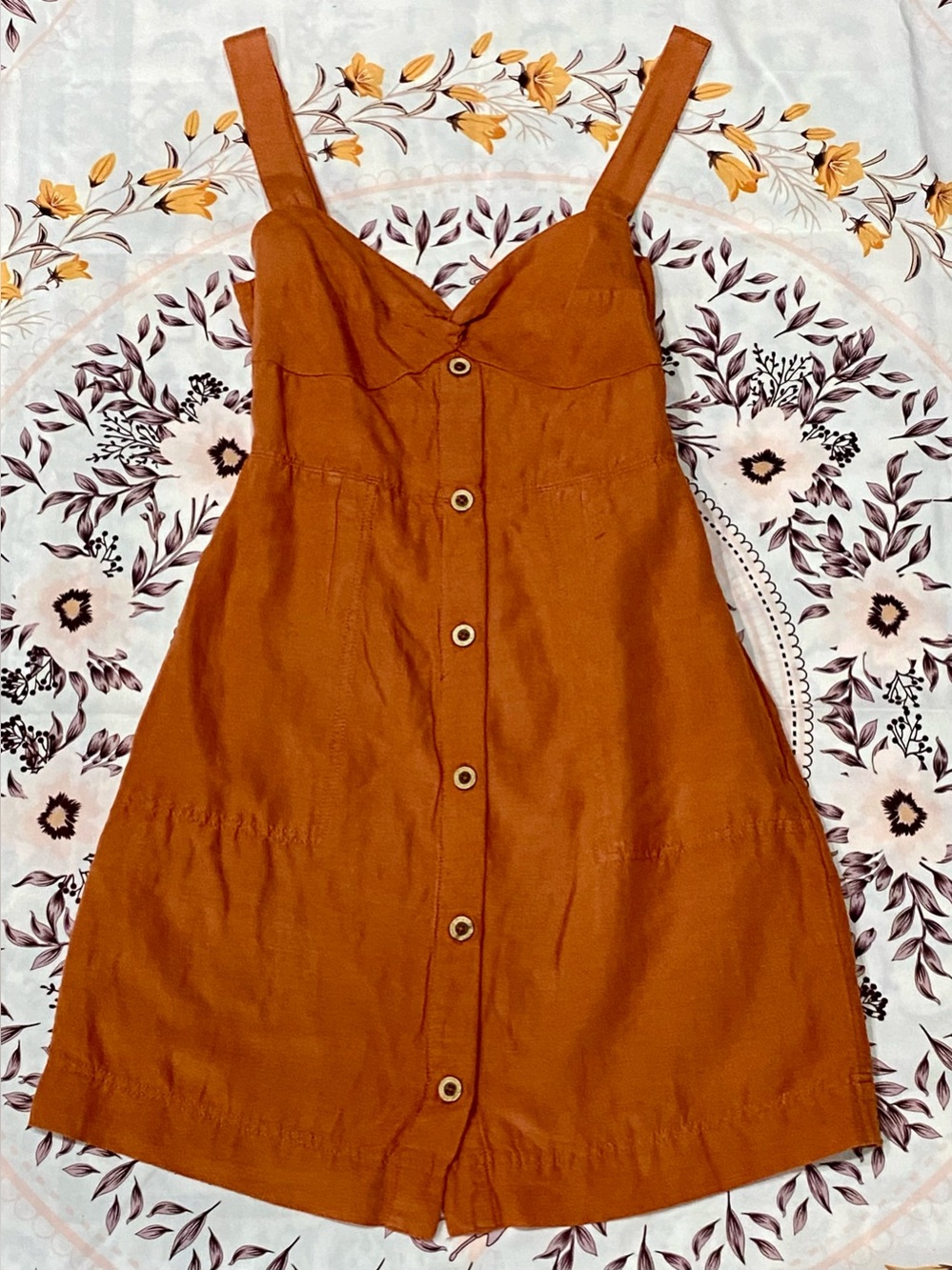 Anthropologie Maeve Rust Orange Linen Blend Babydoll Mini Dress Size XS